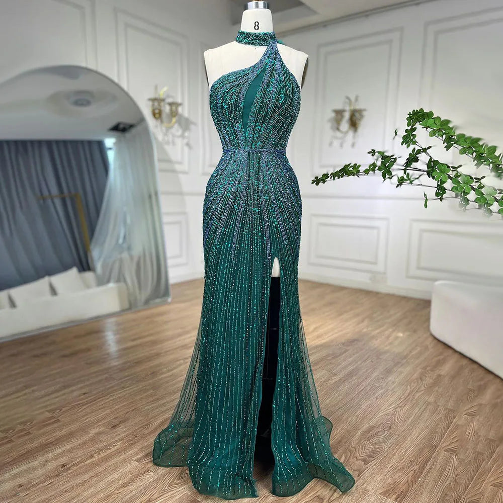 Fuchsia Halter Sleeveless Beaded Mermaid High Split Evening Dress Gown LA72092