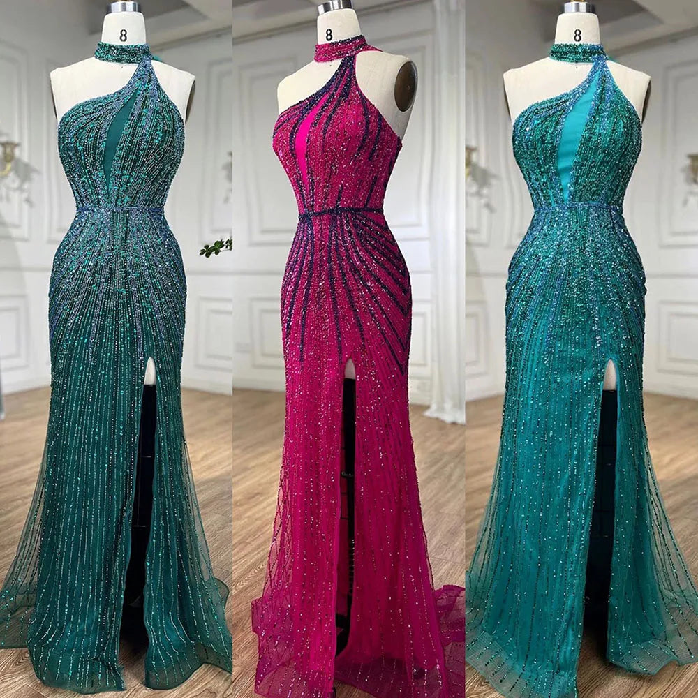 Fuchsia Halter Sleeveless Beaded Mermaid High Split Evening Dress Gown LA72092