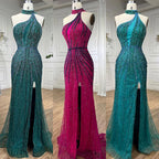 Fuchsia Halter Sleeveless Beaded Mermaid High Split Evening Dress Gown LA72092