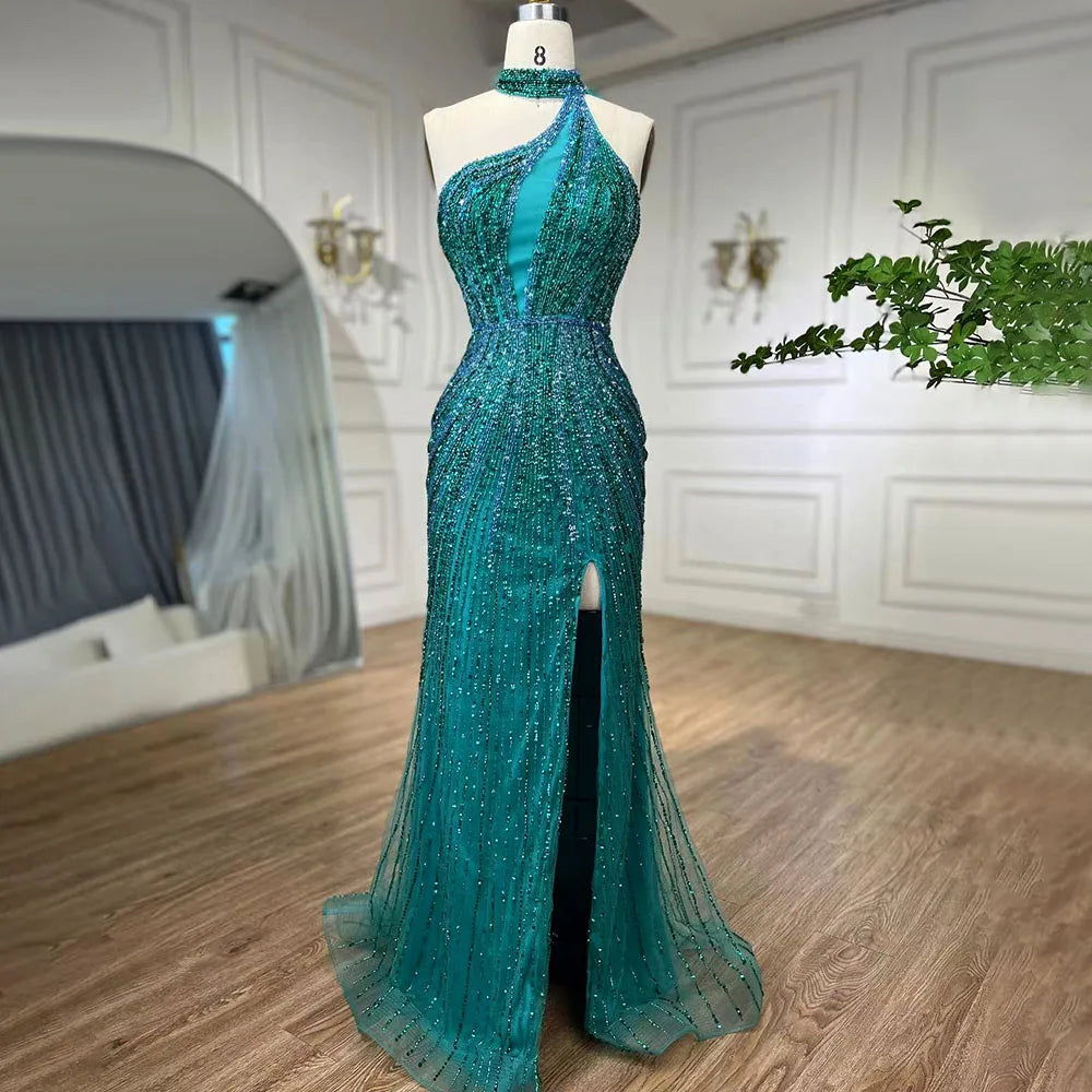 Fuchsia Halter Sleeveless Beaded Mermaid High Split Evening Dress Gown LA72092