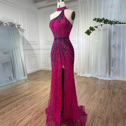 Robe de soirée sirène fuchsia sans manches, décolleté en V, perles et fente haute, LA72092