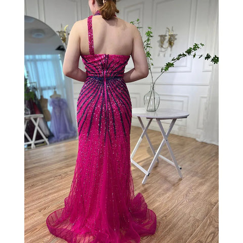 Robe de soirée sirène fuchsia sans manches, décolleté en V, perles et fente haute, LA72092