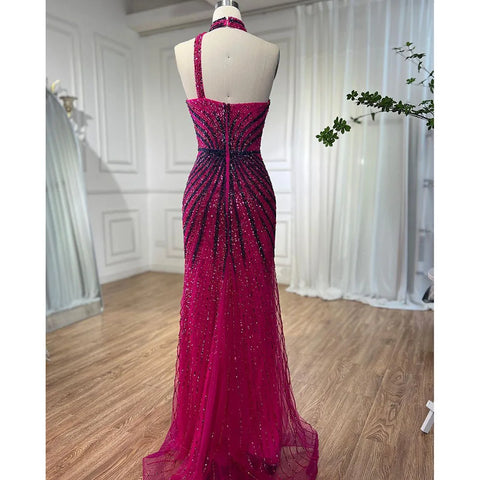 Robe de soirée sirène fuchsia sans manches, décolleté en V, perles et fente haute, LA72092