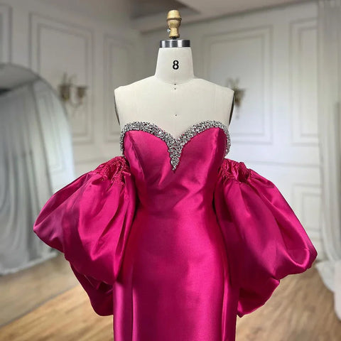 Fuchsia Mermaid Mikado Satin Strapless Balloon Sleeevs Evening Dresses Gowns For Women Wedding Party 2025 LA71923