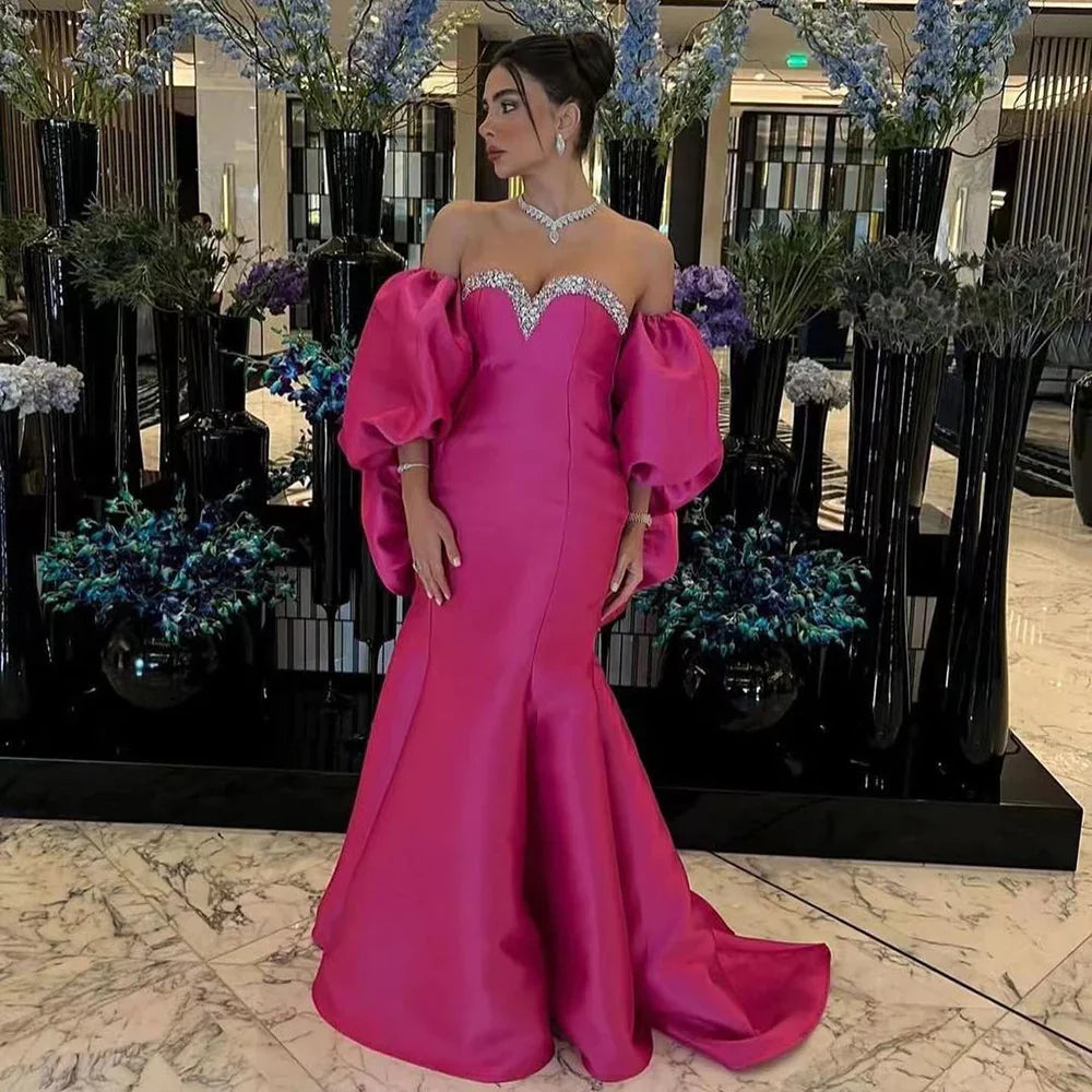 Fuchsia Mermaid Mikado Satin Strapless Balloon Sleeevs Evening Dresses Gowns For Women Wedding Party 2025 LA71923