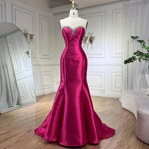 Fuchsia Mermaid Mikado Satin Strapless Balloon Sleeevs Evening Dresses Gowns For Women Wedding Party 2025 LA71923