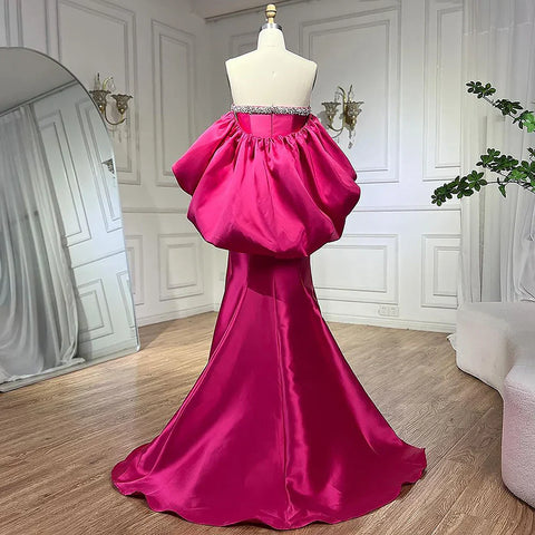 Fuchsia Mermaid Mikado Satin Strapless Balloon Sleeevs Evening Dresses Gowns For Women Wedding Party 2025 LA71923