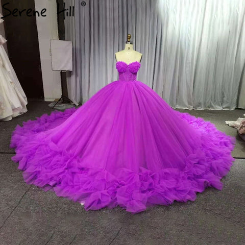 Fuchsia Puffy Bloemen Strapless Luxe Trouwjurk 2025 Sleeveess Sexy Tulle Bridal Jurk HA2486