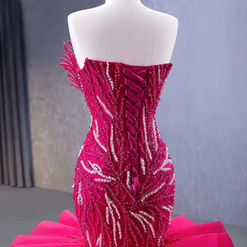 Fuchsia Strapless Lace Up Pearls Beaded Luxury Mermaid Bride Gowns Wedding Dress 2025 High End Custom Made HM231040