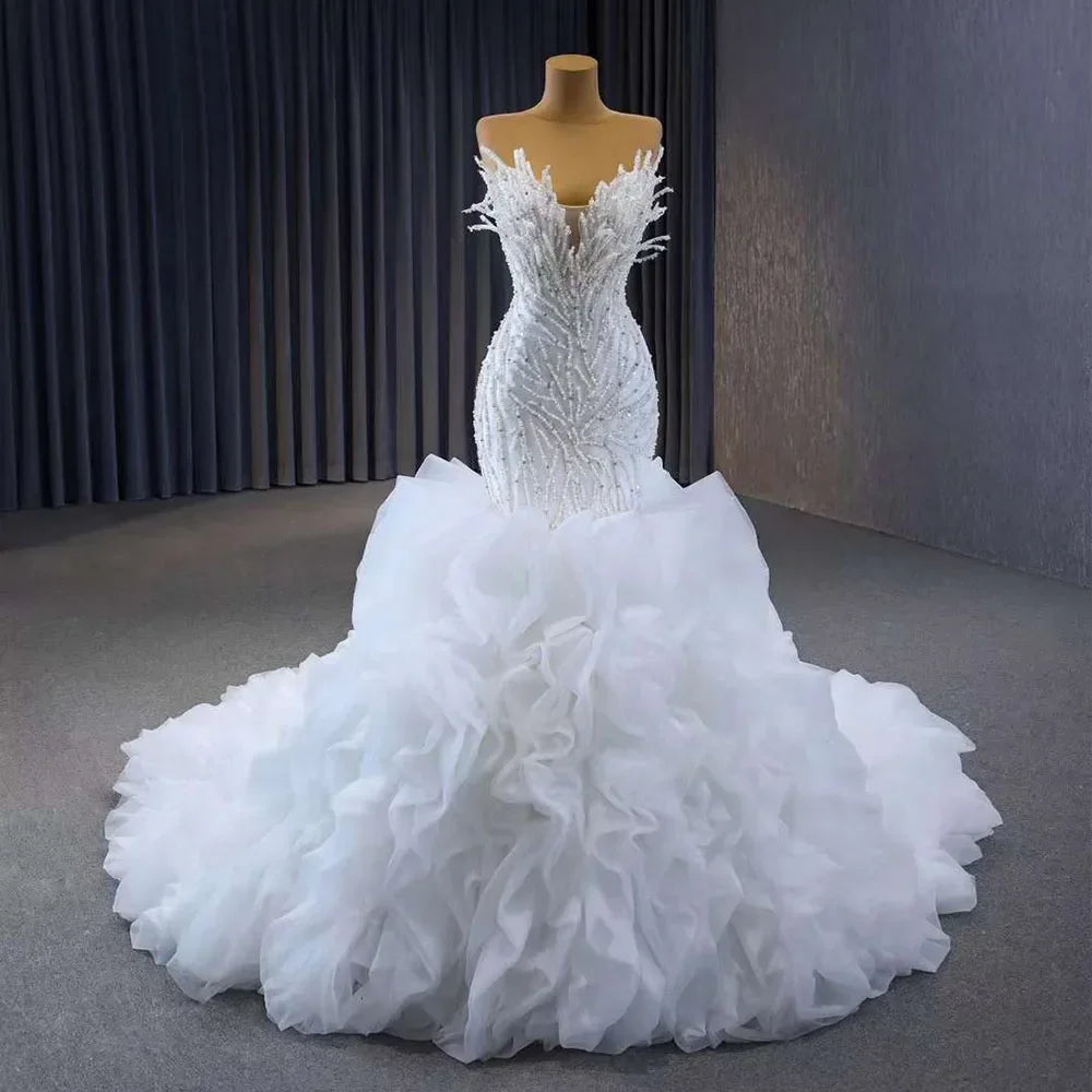 Fuchsia Strapless Lace Up Pearls Beaded Luxury Mermaid Bride Gowns Wedding Dress 2025 High End Custom Made HM231040