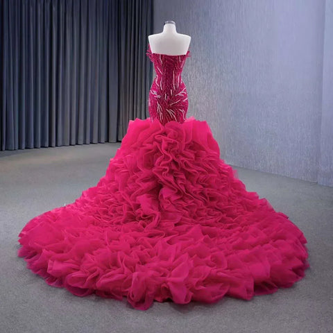 Fuchsia Strapless Lace Up Pearls Beaded Luxury Mermaid Bride Gowns Wedding Dress 2025 High End Custom Made HM231040