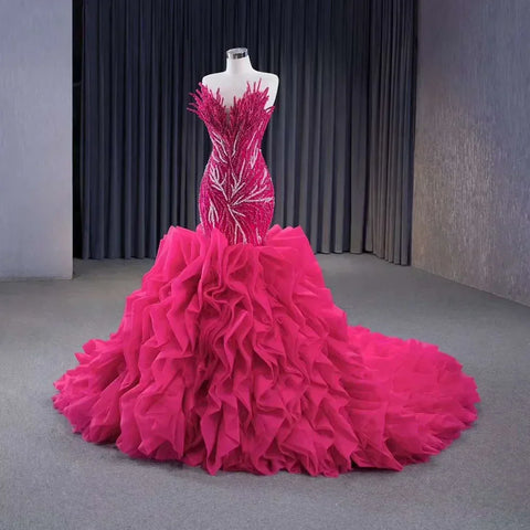 Fuchsia Strapless Lace Up Pearls Beaded Luxury Mermaid Bride Gowns Wedding Dress 2025 High End Custom Made HM231040