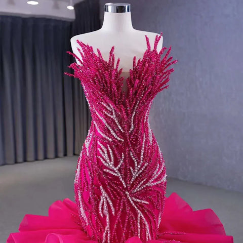 Fuchsia Strapless Lace Up Pearls Beaded Luxury Mermaid Bride Gowns Wedding Dress 2025 High End Custom Made HM231040