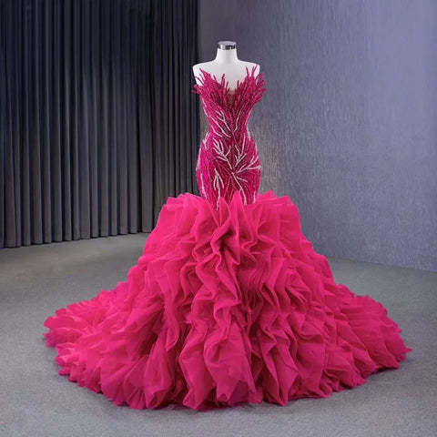 Fuchsia Strapless Lace Up Pearls Beaded Luxury Mermaid Bride Gowns Wedding Dress 2025 High End Custom Made HM231040