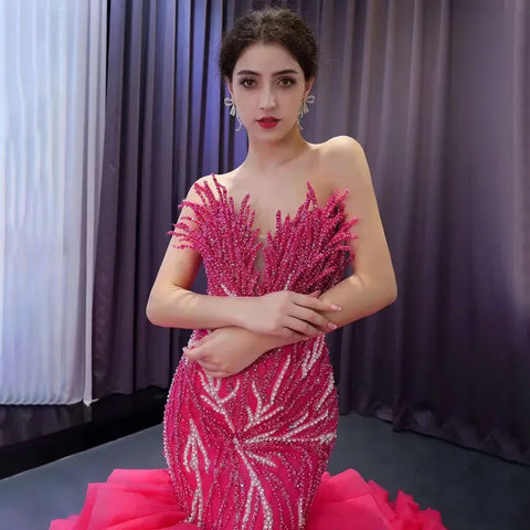 Fuchsia Strapless Lace Up Pearls Beaded Luxury Mermaid Bride Gowns Wedding Dress 2025 High End Custom Made HM231040