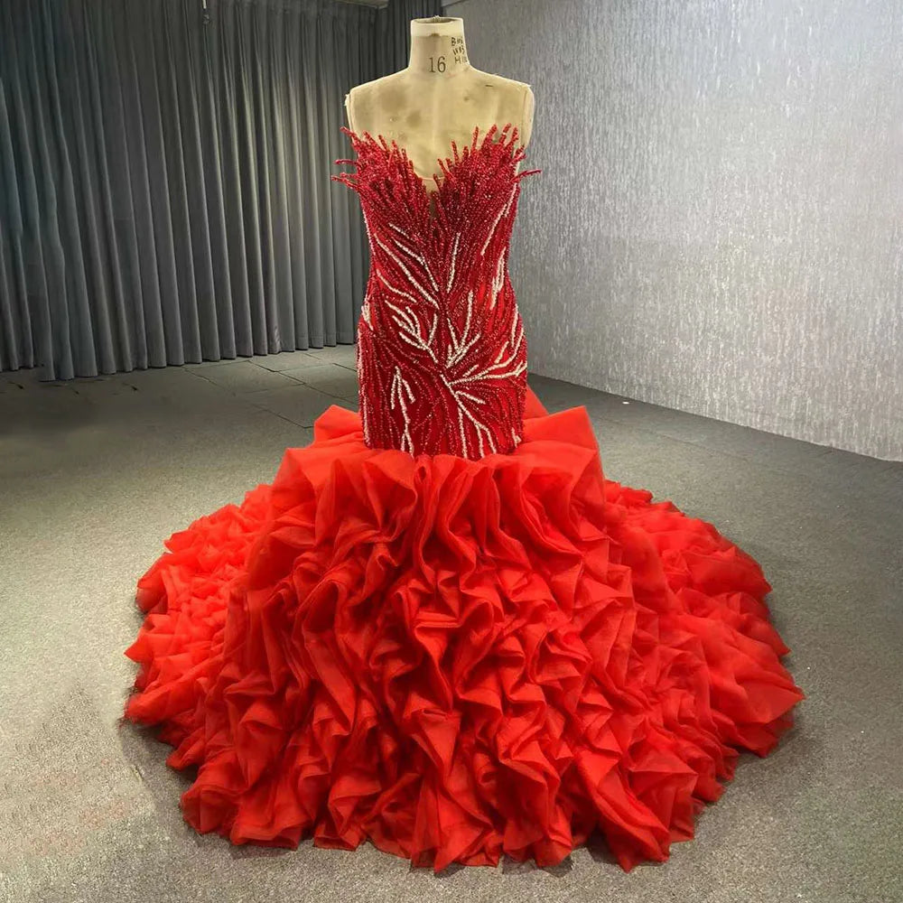 Fuchsia Strapless Lace Up Pearls Beaded Luxury Mermaid Bride Gowns Wedding Dress 2025 High End Custom Made HM231040