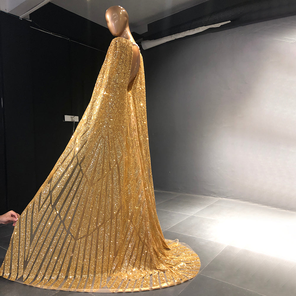 Gold A-Line Cape Sleeve Evening Dresses Gowns 2025 Beaded Elegant Luxury For Women Party LA71670