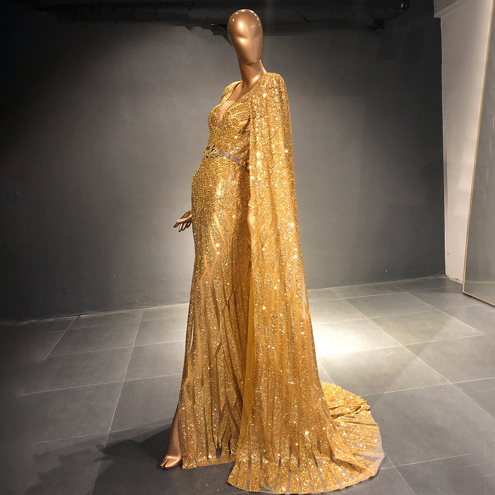 Gold A-Line Cape Sleeve Evening Dresses Gowns 2025 Beaded Elegant Luxury For Women Party LA71670