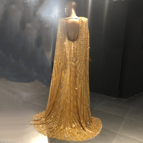 Gold A-Line Cape Sleeve Evening Dresses Gowns 2025 Beaded Elegant Luxury For Women Party LA71670