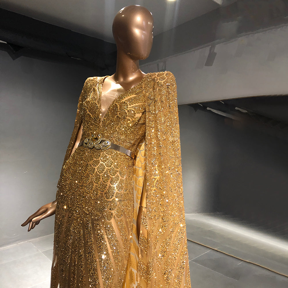 Gold A-Line Cape Sleeve Evening Dresses Gowns 2025 Beaded Elegant Luxury For Women Party LA71670
