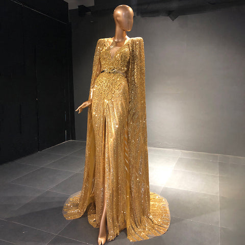 Gold A-Line Cape Sleeve Evening Dresses Gowns 2025 Beaded Elegant Luxury For Women Party LA71670
