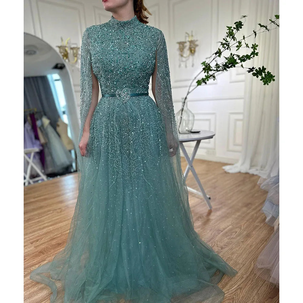 Luxury Blue Arabic Evening Dress with Cape Sleeves Plus Size LA70066B