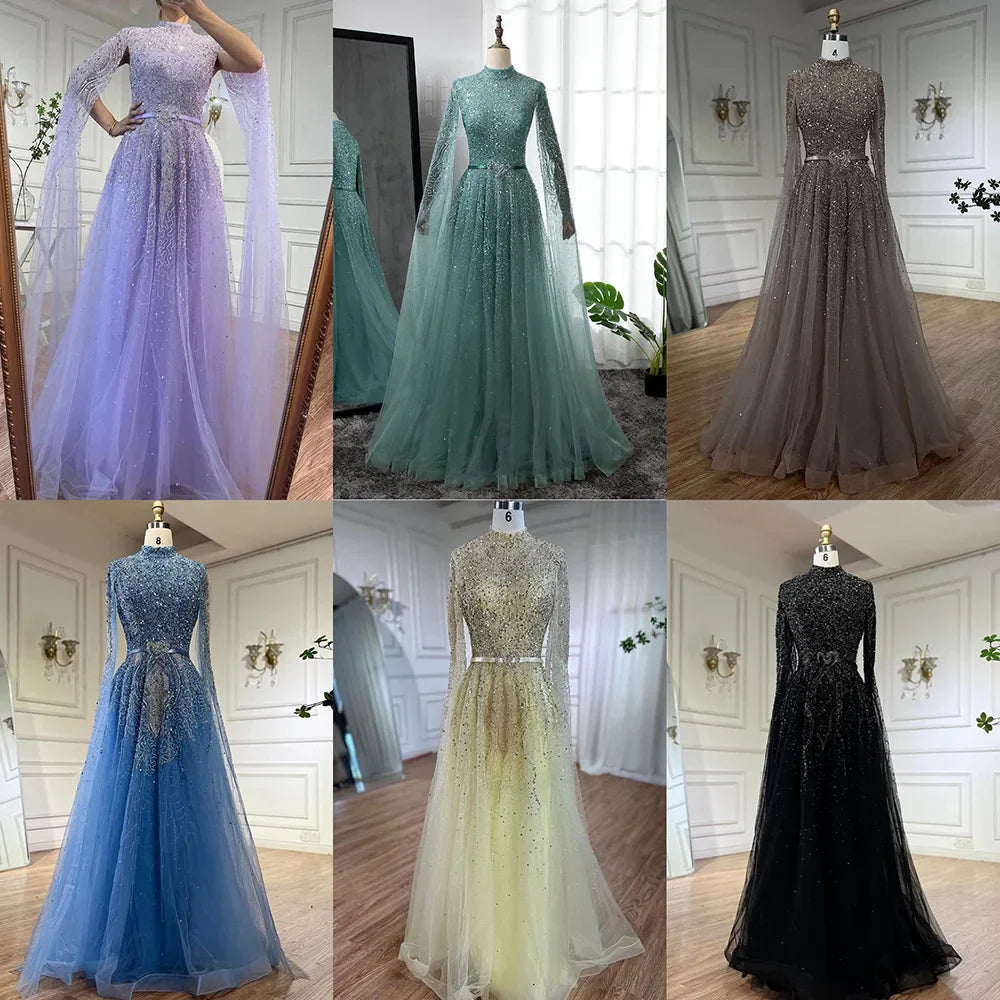 Luxury Blue Arabic Evening Dress with Cape Sleeves Plus Size LA70066B