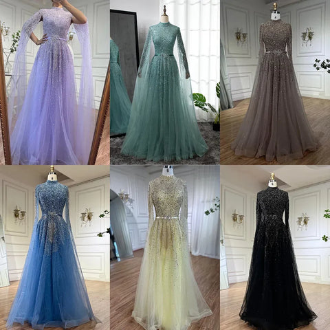 Vestido de noche árabe azul de lujo con mangas tipo capa, talla grande LA70066B