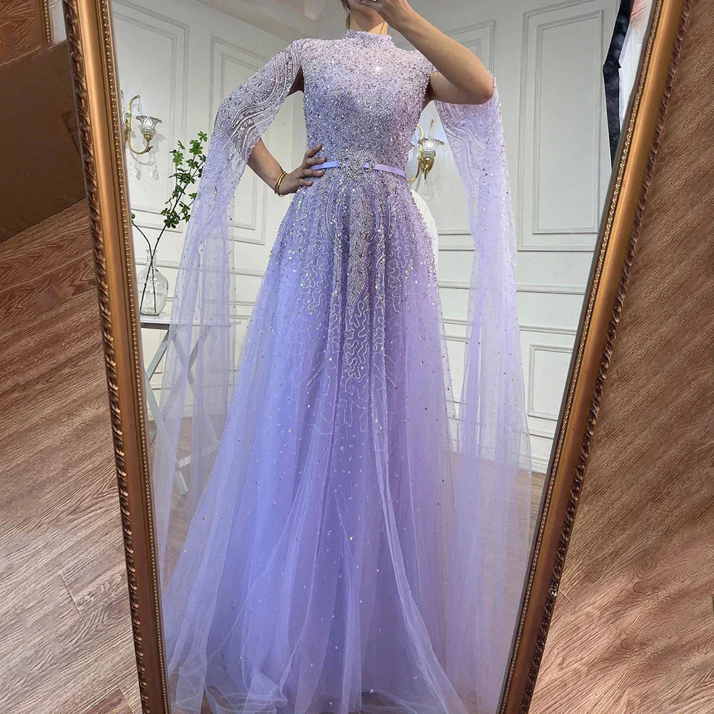 Luxury Blue Arabic Evening Dress with Cape Sleeves Plus Size LA70066B