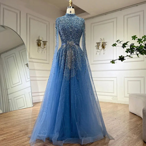 Vestido de noche árabe azul de lujo con mangas tipo capa, talla grande LA70066B
