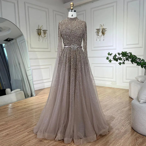 Vestido de noche árabe azul de lujo con mangas tipo capa, talla grande LA70066B