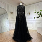 Luxury Blue Arabic Evening Dress with Cape Sleeves Plus Size LA70066B