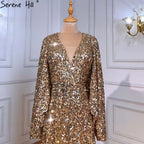 Gold A-Line High Split Evening Dresses Gowns 2025 Luxury Flare Sleeve For Woman Wedding Party LA71395