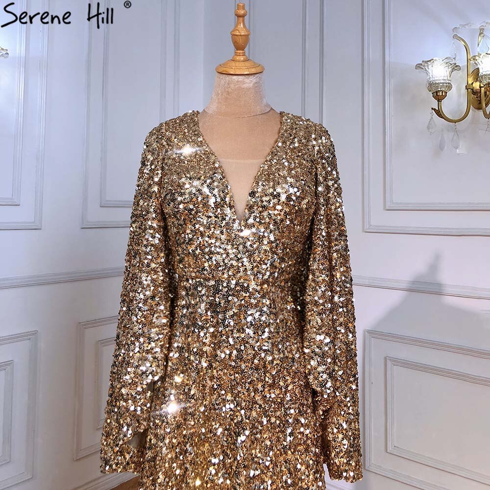 Gold A-Line High Split Evening Dresses Gowns 2025 Luxury Flare Sleeve For Woman Wedding Party LA71395