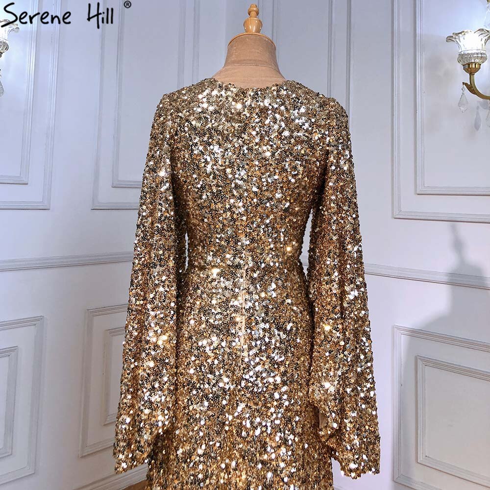 Gold A-Line High Split Evening Dresses Gowns 2025 Luxury Flare Sleeve For Woman Wedding Party LA71395
