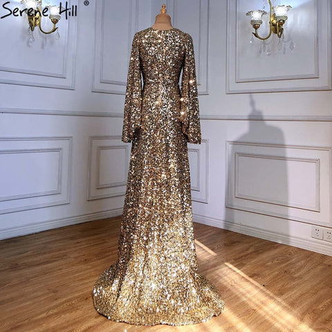 Gold A-Line High Split Evening Dresses Gowns 2025 Luxury Flare Sleeve For Woman Wedding Party LA71395