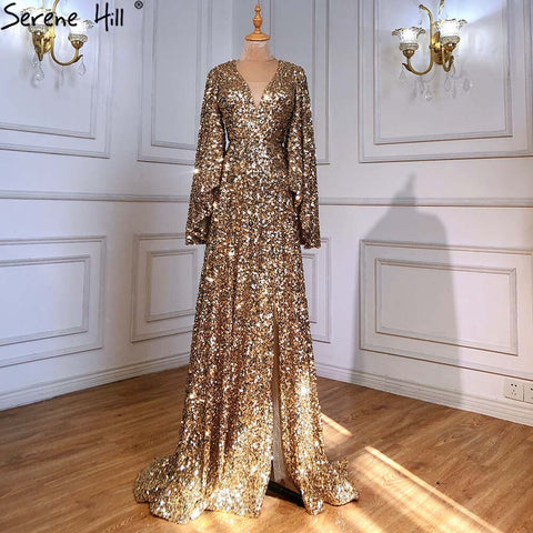 Gold A-Line High Split Evening Dresses Gowns 2025 Luxury Flare Sleeve For Woman Wedding Party LA71395