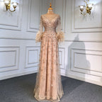 Gold A-Line Long Sleeves Feathers Evening Dress 2025  for Women Luxury O-Neck Crystal Sequins Handmade LA71654