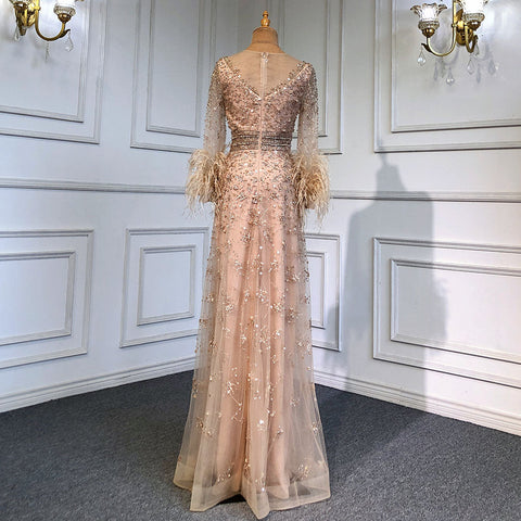 Gold A-Line Long Sleeves Feathers Evening Dress 2025  for Women Luxury O-Neck Crystal Sequins Handmade LA71654
