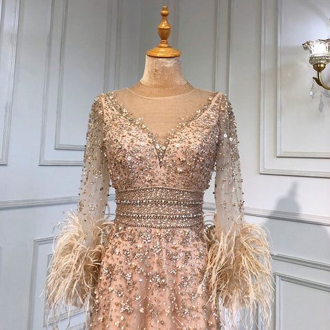 Gold A-Line Long Sleeves Feathers Evening Dress 2025  for Women Luxury O-Neck Crystal Sequins Handmade LA71654