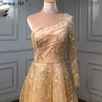 Gold A-Line Luxury Evening Dresses Gowns 2025 One Shoulder Beaded Sexy For Woman Party LA71223