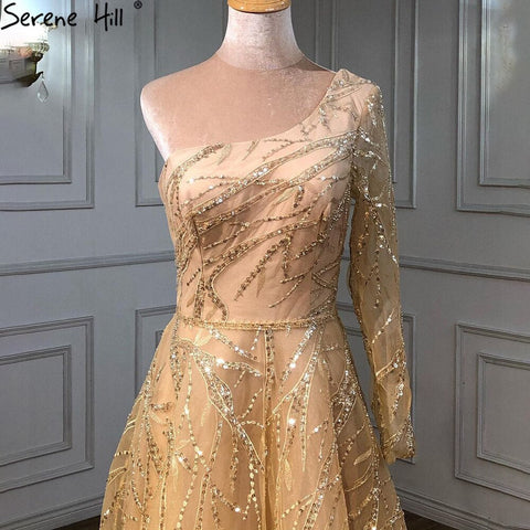 Gold A-Line Luxury Evening Dresses Gowns 2025 One Shoulder Beaded Sexy For Woman Party LA71223