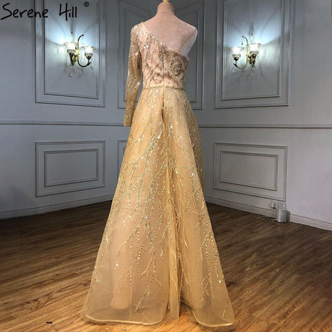 Gold A-Line Luxury Evening Dresses Gowns 2025 One Shoulder Beaded Sexy For Woman Party LA71223