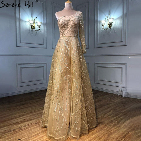 Gold A-Line Luxury Evening Dresses Gowns 2025 One Shoulder Beaded Sexy For Woman Party LA71223