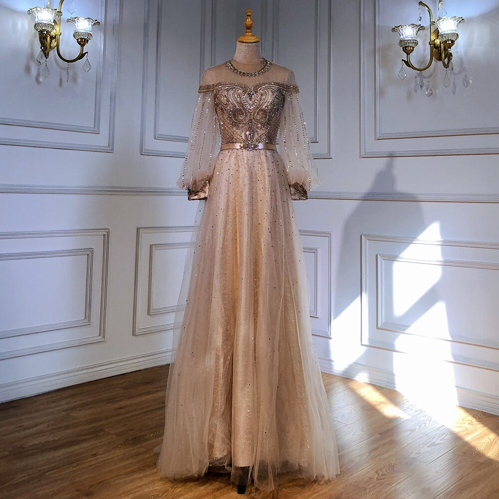 Gold A-Line Luxury Evening Dresses Gowns 2025 Beaded Lantern Sleeve For Women Party LA71498