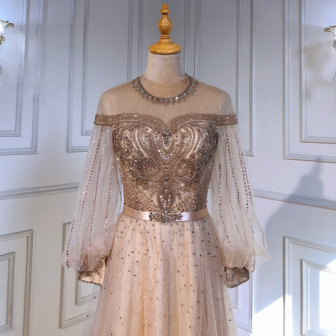 Gold A-Line Luxury Evening Dresses Gowns 2025 Beaded Lantern Sleeve For Women Party LA71498