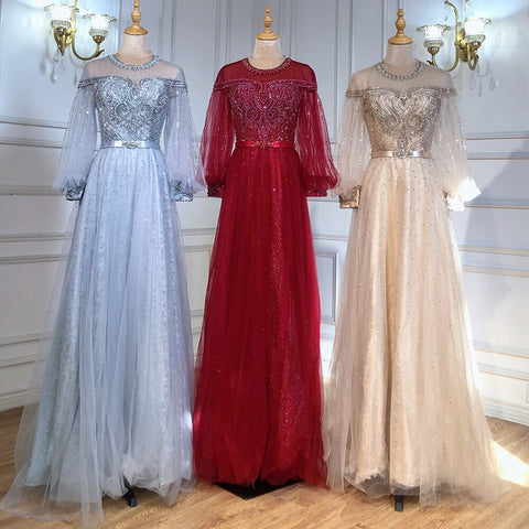 Gold A-Line Luxury Evening Dresses Gowns 2025 Beaded Lantern Sleeve For Women Party LA71498