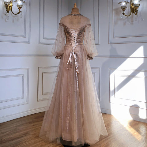 Gold A-Line Luxury Evening Dresses Gowns 2025 Beaded Lantern Sleeve For Women Party LA71498