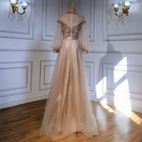 Gold A-Line Luxury Evening Dresses Gowns 2025 Beaded Lantern Sleeve For Women Party LA71498