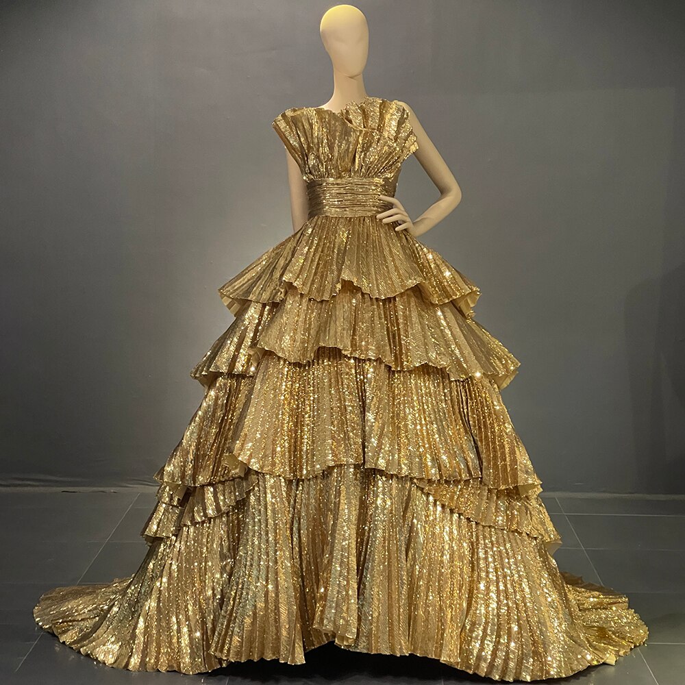 Gold A-Line Ruffles Scalloped Neck Evening Dresses Gowns Luxury 2025 For Women Party Couture LA71753